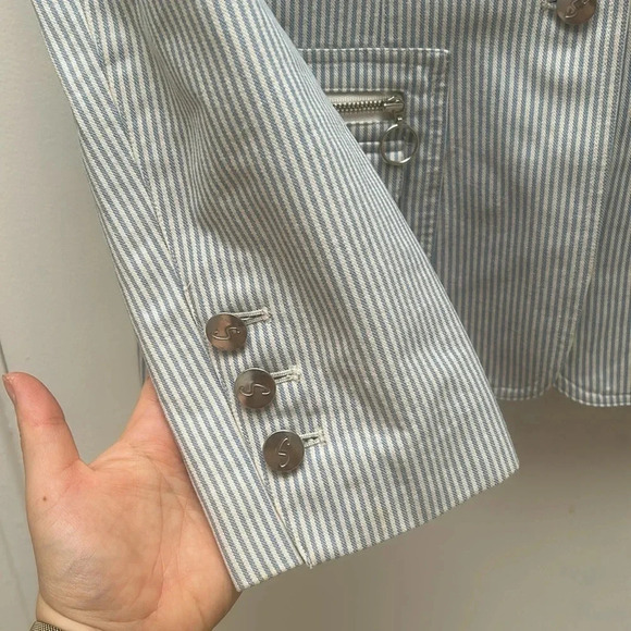 SANDRA ANGELOZZI Femme De Carriere  Tailored Summer Blazer blue white pinstriped - Picture 4 of 7